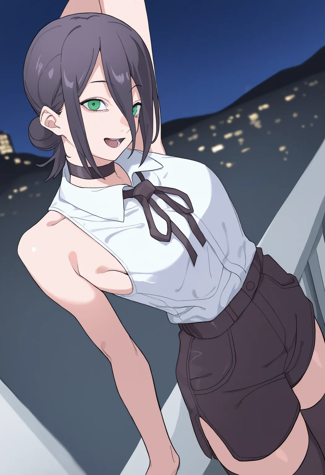 ,reze \(chainsaw man\), 1girl, solo, breasts, looking at viewer, smile, open mouth, short hair, shirt, black hair, thighhighs, ribbon, hair between eyes, bare shoulders, green eyes, white shirt, shorts, sleeveless, collared shirt, choker, black thighhighs, hair bun, arm up, sleeveless shirt, neck ribbon, black ribbon, black choker, night, black shorts, single hair bun, night sky, shirt tucked in, leaning back,from_above,,masterpiece,best quality,newest,absurdres,highres,very awa <lora:None:1.0> <lora:Himuro_Yukichiko_Style-000012:0.9500000000000002>