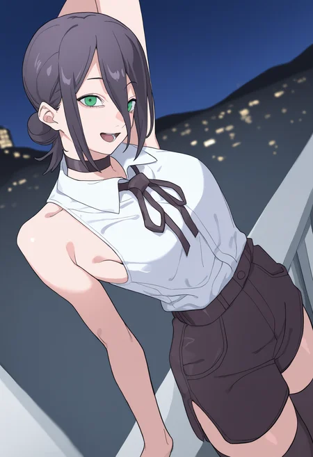 ,reze \(chainsaw man\), 1girl, solo, breasts, looking at viewer, smile, open mouth, short hair, shirt, black hair, thighhighs, ribbon, hair between eyes, bare shoulders, green eyes, white shirt, shorts, sleeveless, collared shirt, choker, black thighhighs, hair bun, arm up, sleeveless shirt, neck ribbon, black ribbon, black choker, night, black shorts, single hair bun, night sky, shirt tucked in, leaning back,from_above,,masterpiece,best quality,newest,absurdres,highres,very awa <lora:None:1.0> <lora:Himuro_Yukichiko_Style-000012:0.9500000000000002>