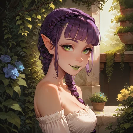 score_9, score_8_up, score_8, score_7_up,score_7, source_anime, rating_explicit, hires, (detailed,best quality:1.2),(<lora:Expressive_H:0.3>), (<lora:JGStyle:0.5>),(<lora:incase-ilff-v3-4:0.7>), 1girl, (skinny:1.3), narrow waist, thin, slender,(<lora:oppai_v0.1-pony:0.8>) , medium breasts, <lora:French_Braids:0.9>, frbraids, purple hair, green eyes, pointy ears, portrait, short hair, hair flower, lace, smile, neat hair, exquisite dress, <lora:Looking_over_shoulder:0.8> , ovrshldr, from side, looking over shoulder, green garden, flower petals, expresssive light, cinematic, golden skin, looking at viewer, blunt bangs, green lips, cleavage, strapless, bare shoulders,