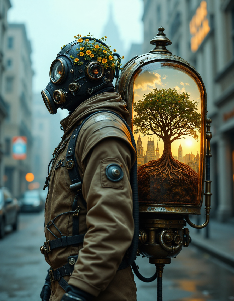 A figure wearing a futuristic, steampunk-inspired gas mask and armored suit, carrying a large, transparent backpack revealing a thriving tree in the center of a city.  The figure's posture is contemplative, subtly melancholic, yet hopeful.  The suit is detailed with intricate mechanical components and pipes,  a mix of muted earthy tones and metallic gray, highlighting a futuristic, almost apocalyptic aesthetic.  The gas mask is functional and dark, contrasting with the lighter khaki-colored layers of the suit.  Tiny, detailed flowers adorn the headpiece.  The backpack's glass viewing dome exposes a mature, full-sized tree growing through a city skyline, showcasing its roots deeply intertwined with buildings.  The city backdrop is rendered in muted blues and grays, with hints of subtle atmospheric lighting and a melancholic tone that suggests a post-apocalyptic civilization.  The lighting dramatically highlights the details of the machinery and the intricate details of the tree within the dome. The interplay of light and shadow creates a dramatic contrast, emphasizing the overall somber yet hopeful atmosphere.  Art Nouveau-inspired ornamentation and organic design elements are present in the backpack's design, aidmafluxproultra, <lora:aidmaFluxProUltra:0.5>
