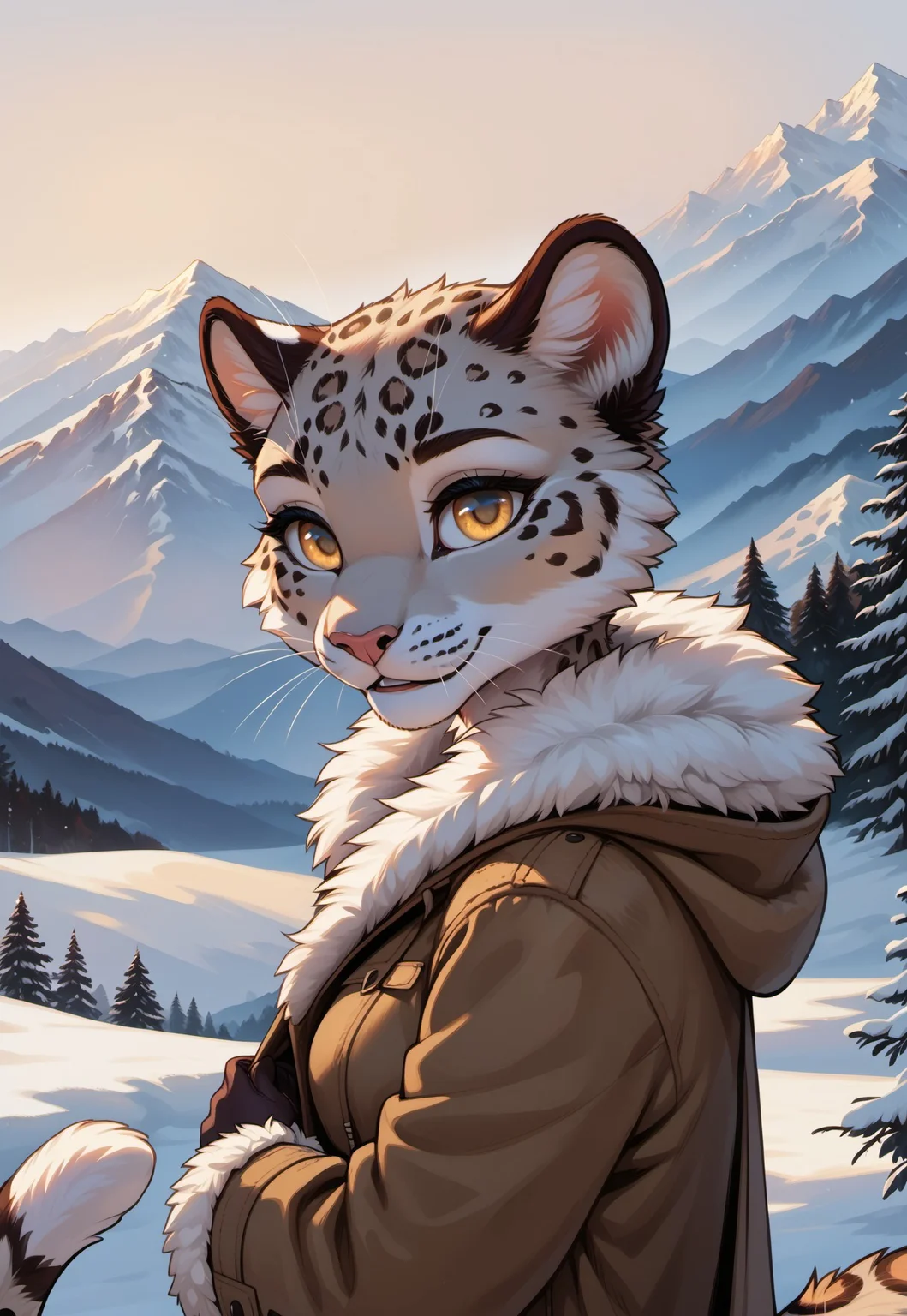safe_pos, score_9, score_8_up, score_7_up, rating_safe, source_furry, highres, high quality, perfection, masterpiece, detailed, aesthetic,
winter, snow, mountain, mountainous horizon,
1girl, solo, side view, (face focus), (close-up),
furry female, (anthro snow_leopard girl: 1.2), snow_leopard fur pattern, beautiful girl, cute girl, young adult, youthful, (bald girl, bald head, hairless, no hair), detailed face, beautiful face, eyelashes, perfect eyes, detailed eyes, yellow eyes, medium breasts, long tail,
naked coat, white fur coat, open coat, short coat, off-shoulder,
standing, posing, modeling, looking ahead, covering breasts,