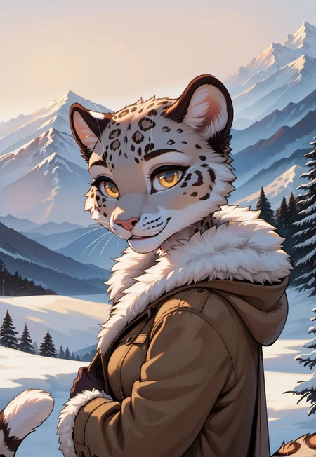 safe_pos, score_9, score_8_up, score_7_up, rating_safe, source_furry, highres, high quality, perfection, masterpiece, detailed, aesthetic,
winter, snow, mountain, mountainous horizon,
1girl, solo, side view, (face focus), (close-up),
furry female, (anthro snow_leopard girl: 1.2), snow_leopard fur pattern, beautiful girl, cute girl, young adult, youthful, (bald girl, bald head, hairless, no hair), detailed face, beautiful face, eyelashes, perfect eyes, detailed eyes, yellow eyes, medium breasts, long tail,
naked coat, white fur coat, open coat, short coat, off-shoulder,
standing, posing, modeling, looking ahead, covering breasts,