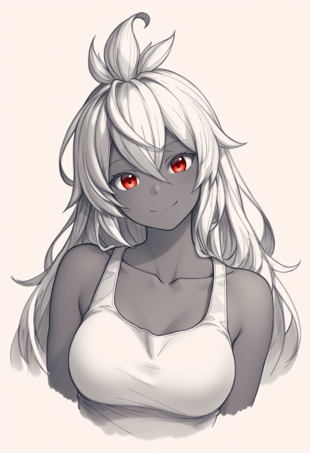 masterpiece, best quality, 1girl, solo, Z00ey, red eyes, grey hair, long hair, ahoge, dark skin, tank top, collarbone, spot color, greyscale, monochrome, lineart, sketch, graphite \(medium\), traditional media, cropped torso, looking at viewer, smile, head tilt, three quarter view, <lora:ChamZooeyNoob:1>