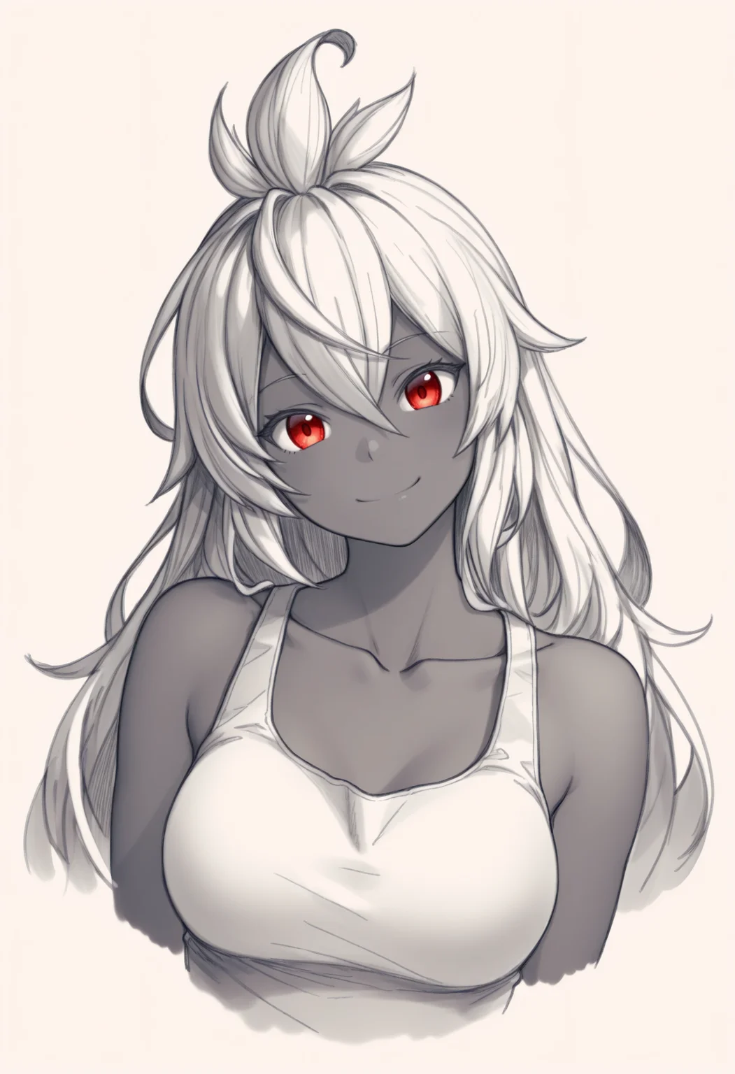 masterpiece, best quality, 1girl, solo, Z00ey, red eyes, grey hair, long hair, ahoge, dark skin, tank top, collarbone, spot color, greyscale, monochrome, lineart, sketch, graphite \(medium\), traditional media, cropped torso, looking at viewer, smile, head tilt, three quarter view, <lora:ChamZooeyNoob:1>