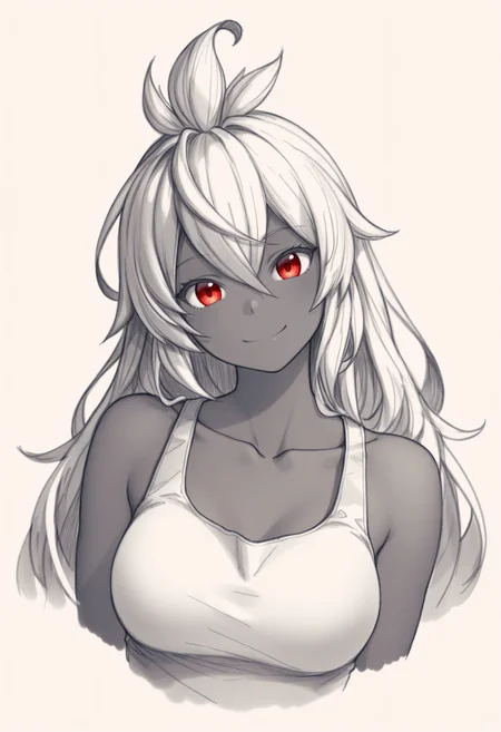 masterpiece, best quality, 1girl, solo, Z00ey, red eyes, grey hair, long hair, ahoge, dark skin, tank top, collarbone, spot color, greyscale, monochrome, lineart, sketch, graphite \(medium\), traditional media, cropped torso, looking at viewer, smile, head tilt, three quarter view, <lora:ChamZooeyNoob:1>