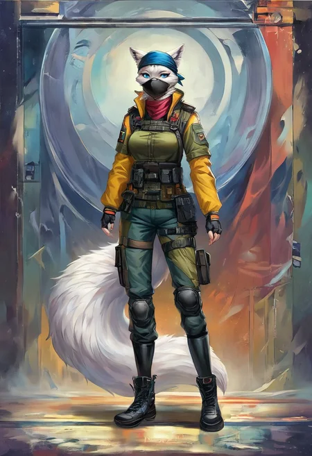 Score 9, Score_8_up, Score_7_up, ng_deepnegative_v1_75t, negative_hand, charturnerv2, knee-deep portrait of adult female, banners, starship, high technology, shirt, fingerless gloves, soldier uniform,, , anime, Arknight provens, detailed background, cyberpunk, bandana, facemask, furry, arctic fox species, arctic fox tail, arctic fox ears