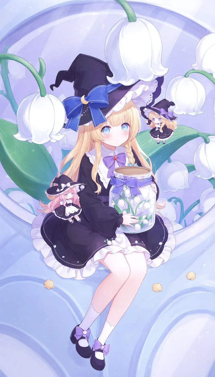 witch hat, bow, hat, flower, sitting, socks, blue eyes, white flower, long hair, white socks, purple bow, bowtie, dress, black headwear, hat bow, long sleeves, blonde hair, black footwear, frills, blue bow, looking at viewer, star \(symbol\), holding, closed mouth, pink hair, 1girl, full body, minigirl, crescent, mini person, lily of the valley, solo, shoes, blush, multiple girls, gem, ribbon, frilled dress, braid, footwear bow, black dress, jar, 3girls, wings, witch, purple bowtie,
masterpiece,best quality,newest,absurdres,highres,very awa,<lora:sei3_noob1.1-000200:0.8>,