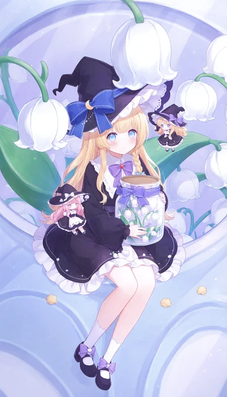 witch hat, bow, hat, flower, sitting, socks, blue eyes, white flower, long hair, white socks, purple bow, bowtie, dress, black headwear, hat bow, long sleeves, blonde hair, black footwear, frills, blue bow, looking at viewer, star \(symbol\), holding, closed mouth, pink hair, 1girl, full body, minigirl, crescent, mini person, lily of the valley, solo, shoes, blush, multiple girls, gem, ribbon, frilled dress, braid, footwear bow, black dress, jar, 3girls, wings, witch, purple bowtie,
masterpiece,best quality,newest,absurdres,highres,very awa,<lora:sei3_noob1.1-000200:0.8>,