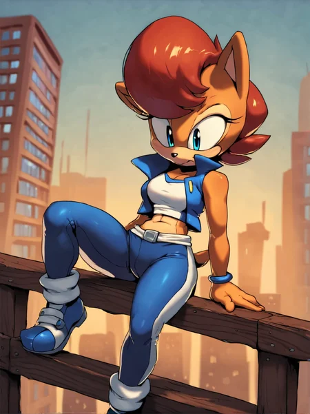 <lora:Argento_V2_Style_PonyXL_r2:0.8> by sonicboom53, argento,  score_9, score_8_up, score_7_up, score_6_up, score_5_up, score_4_up, source_furry, source_cartoon, rating_safe, clothed, clothing, on top of a skyscraper, Sally Acorn, sonic the hedgehog \(series\)