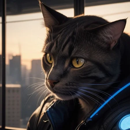 cat, cyberpunk, on the roop, close-up,