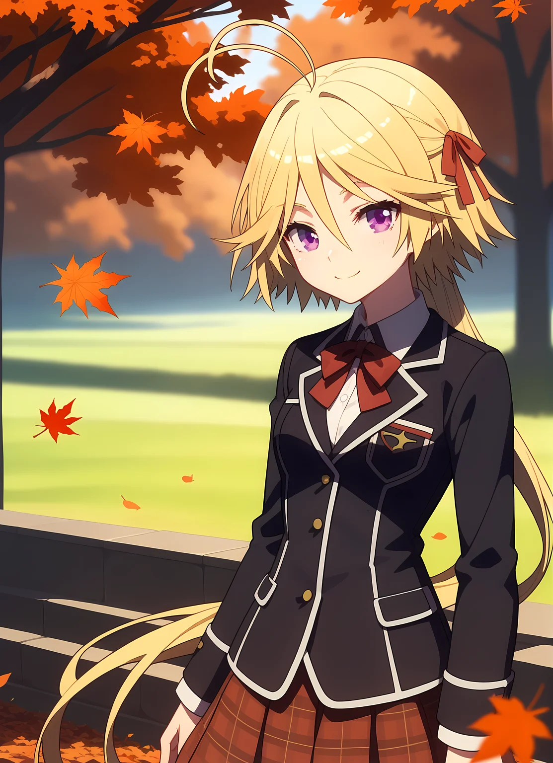 score_9,score_8_up,score_7_up,looking at viewer, shiny skin, upper body, light smile, petite,ohwx, blonde_hair, purple_eyes, long_hair, short_hair, antenna_hair, ahoge, hair_between_eyes, very_long_hair, ponytail, breasts, hair_ribbon,school_uniform, skirt, ribbon, plaid_skirt, plaid, blazer, bow, jacket, View of Mount Fuji with autumn leaves in foreground, calm lake reflection, serene and majestic scene,<lora:mira_yamana_pony_sobsynapse-000003:0.9>