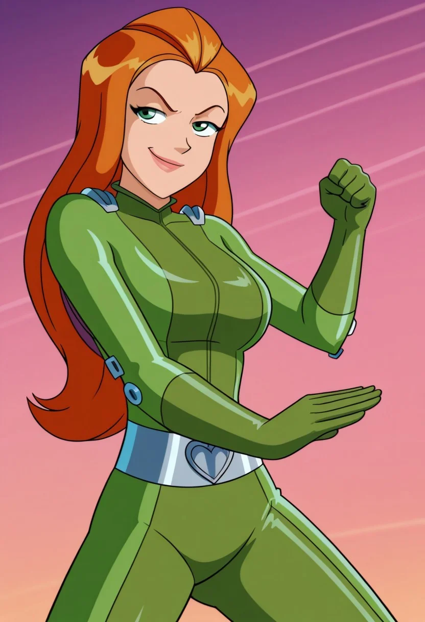 masterpiece, best quality, good quality, 1girl, solo, parody, official style, sam_totally_spies, long hair, orange hair, green eyes, green bodysuit, sexy, large breasts, beautiful, detailed, high detailed, very beautiful, detailed face, detailed eyes, detailed hand, abstract background, smug, smirk, pose, standing, (fighting stance), dutch angle