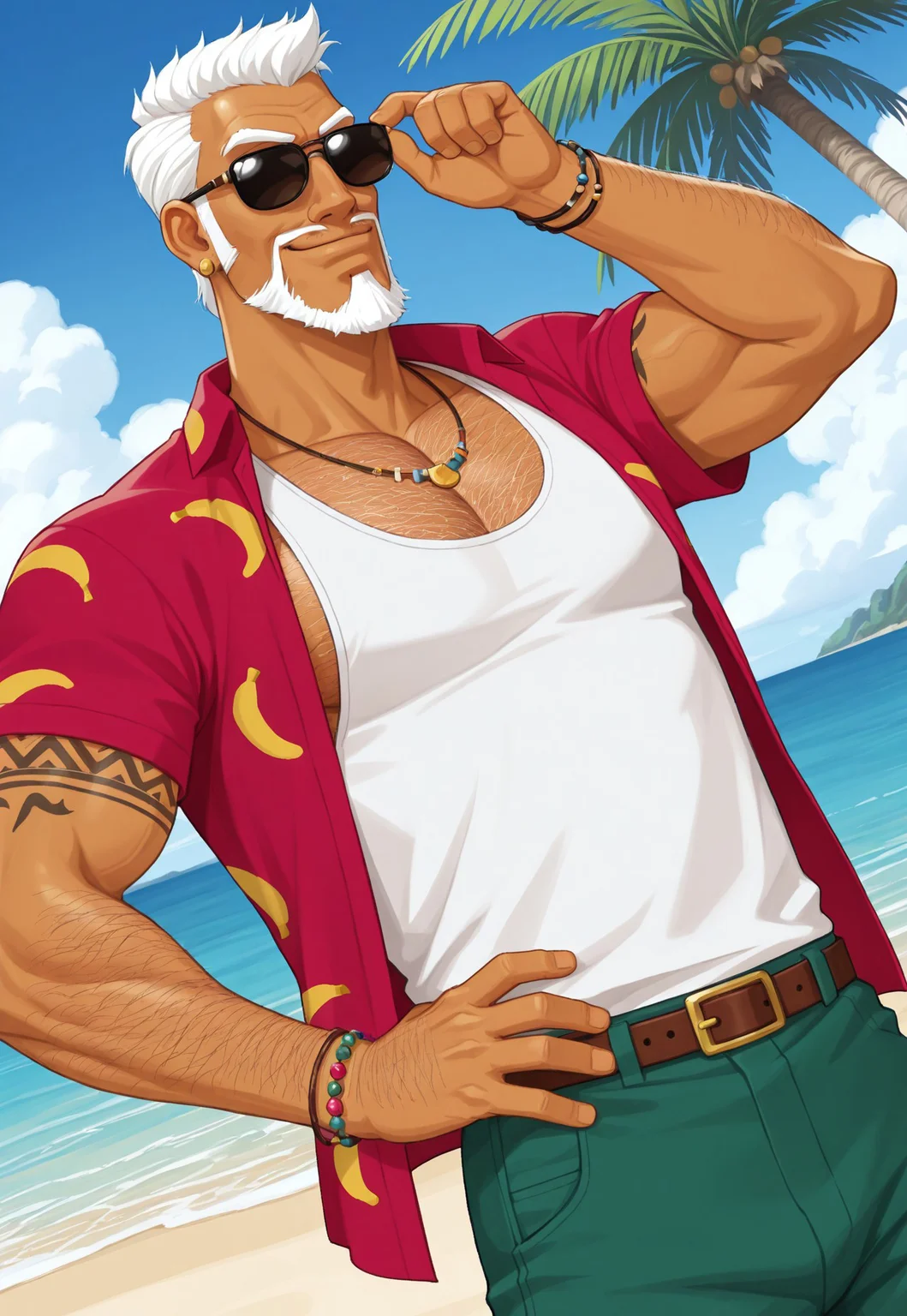 CobraDTD, tan skin, red shirt with banana pattern, muscular, white tank top, earrings, white hair, facial hair, beard, necklace, sunglasses, short hair, upper arm tattoo, bracelet, looking at viewer, closed mouth, smile, upper body, beach paradise, dynamic pose, palm trees, dutch angle, adjusting sunglasses, hairy, hairy chest, green shorts, belt, one hand on hip, detailed background, cowboy shot, clouds,