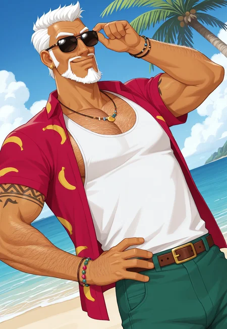 CobraDTD, tan skin, red shirt with banana pattern, muscular, white tank top, earrings, white hair, facial hair, beard, necklace, sunglasses, short hair, upper arm tattoo, bracelet, looking at viewer, closed mouth, smile, upper body, beach paradise, dynamic pose, palm trees, dutch angle, adjusting sunglasses, hairy, hairy chest, green shorts, belt, one hand on hip, detailed background, cowboy shot, clouds,