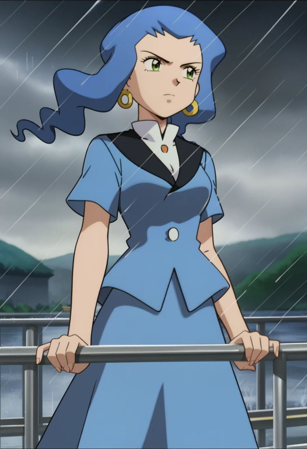 score_9, score_8_up, score_7_up, score_6_up, anime screencap, anime coloring, <lora:PMMiranda:0.9>, PMMiranda, 1girl, solo, green eyes, blue hair, sidelocks, hoop earrings, hair over breasts, floating hair,
blue jacket, short sleeves, blue skirt,
looking away, cowboy shot, serious, handrail,
BREAK grey sky, water, railing, rain, wind,