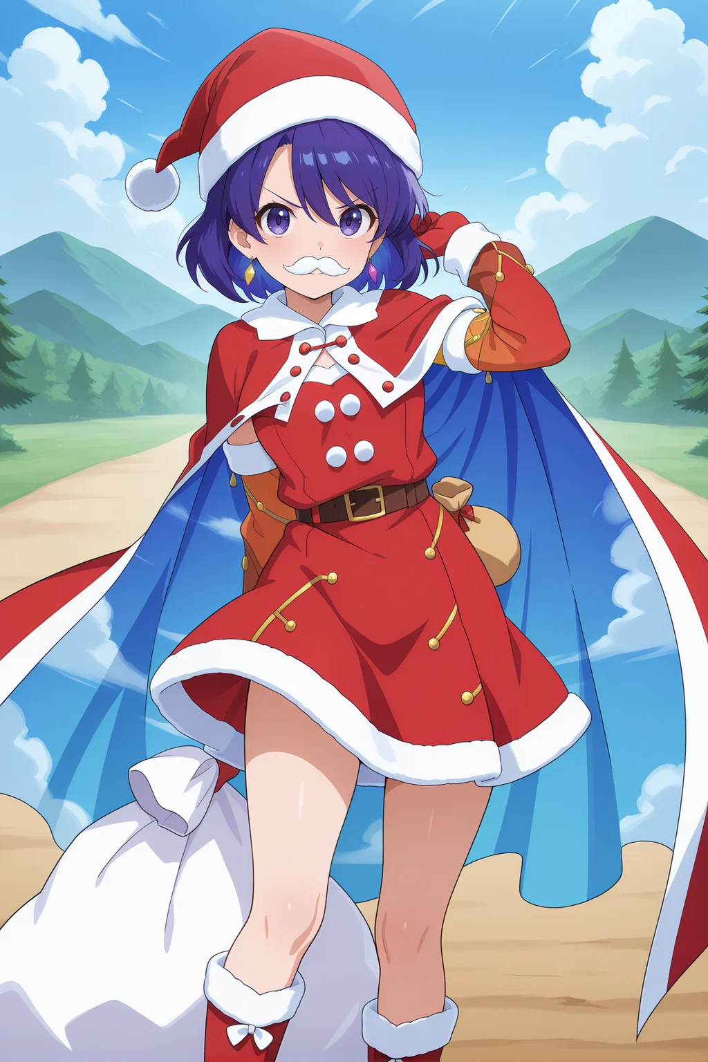 absurdres, highres, masterpiece, best quality, amazing quality, official anime artwork, screencap, anime screencap, outdoors, looking at viewer, light smile, dynamic pose, standing,
<lora:Chimata-Tenkyuu_Illustrious:1> tenkyuu chimata, 1girl, solo, purple eyes, blue hair, shot hair,, tenkyuu chimata \(the competitive end-of-year market has begun\), alternate costume, v-shaped eyebrows, fake mustache, white moustache, red dress, santa costume, belt, christmas, fur-trimmed dress, red boots, fur-trimmed boots, cape, santa hat, fur-trimmed headwear, white bag,