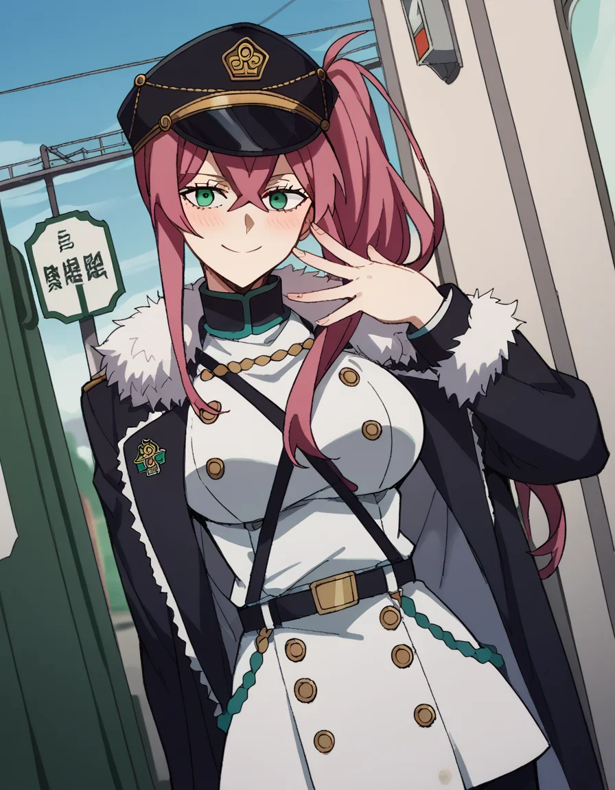 score_9, score_8_up, score_7_up, source_anime, <lora:princia-funnybunny-movie-ponyxl-lora-nochekaiser_r1:1>, princia funnybunny, long hair, green eyes, pink hair, red hair, crossed bangs, sidelocks, hat, jacket, belt, uniform, fur trim, military, military uniform, peaked cap, large breasts,, railroad crossing, sign, gate, train, street, smile, <lora:sidetail-miku-noodle-stopper-ponyxl-lora-nochekaiser:1> sidetail miku noodle stopper, sidetail miku noodle stopper (meme), meme, side ponytail, hand up, blush, smile, bed room,, cowboy shot, looking at viewer,, looking at viewer, solo,, dutch angle, cowboy shot