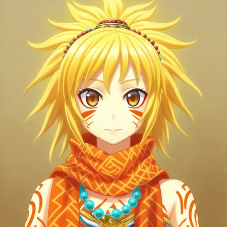 mana_sk style, portrait, focus on face, a spirited desert nomad girl with sun-kissed skin and wild sandy blonde hair tied with colorful beads, vibrant golden-brown eyes radiating energy, wearing a scarf with intricate tribal patterns, her face partially obscured by swirling desert sand, Japanese RPG style, adventurous and exotic atmosphere, intricate details on her scarf and hair beads