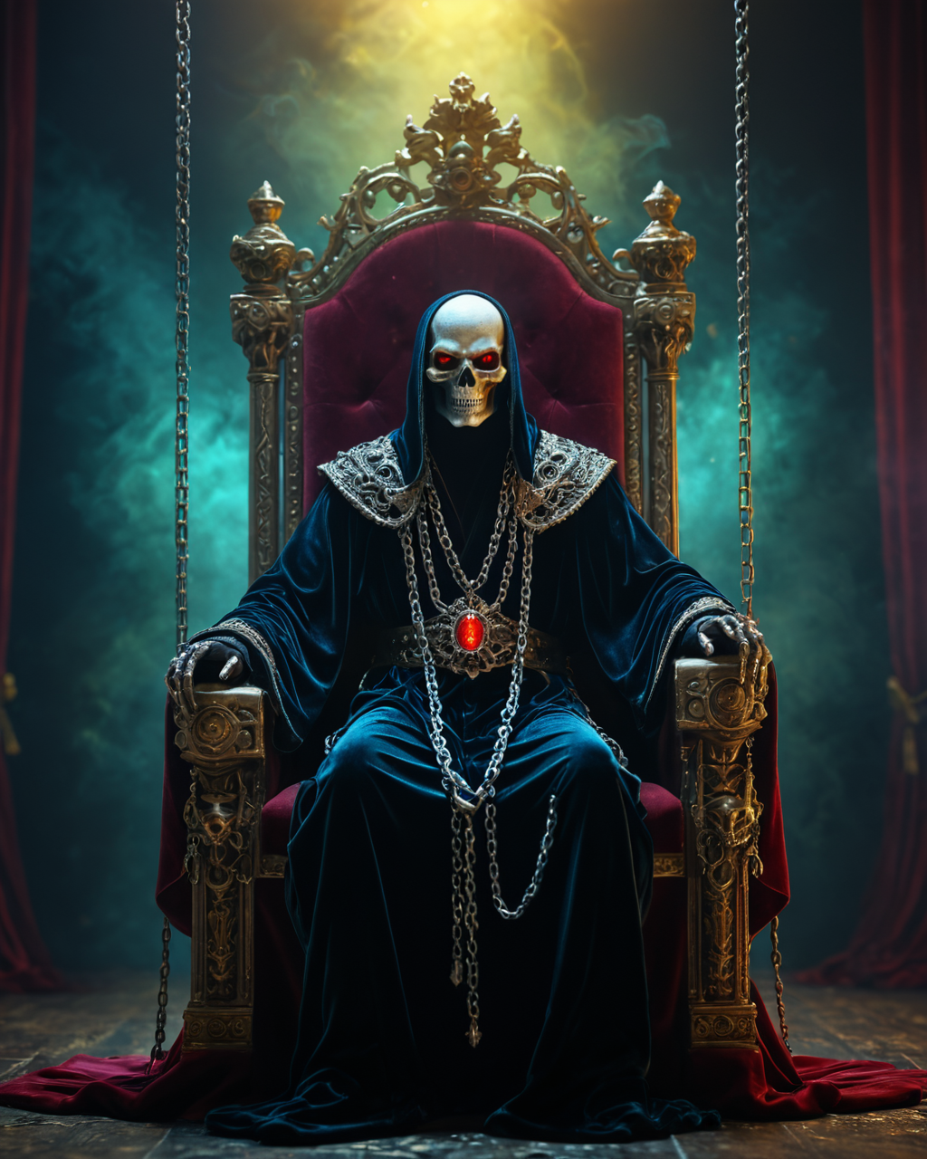 skeleton with glowing eyes sitting on throne hanging by chains, velvet robe, jewelry, intense color, hazy colorful background, volumetric lighting, <lora:add-detail-xl:1>,  <lora:xl_more_art-full_v1:0.4>,  ziprealism