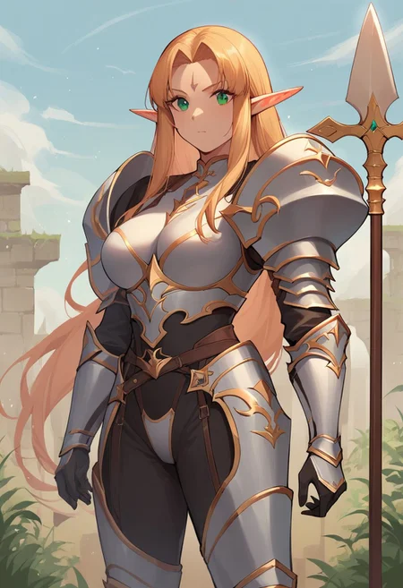 score_9,score_8_up,score_7_up, monica_(kichiku_eiyuu), 1girl, solo, long hair, pointy ears, facial mark, forehead mark, bangs, large breasts, elf, monicch001, armor, shoulder armor, gloves, pauldrons, weapon, holding, polearm, spear,