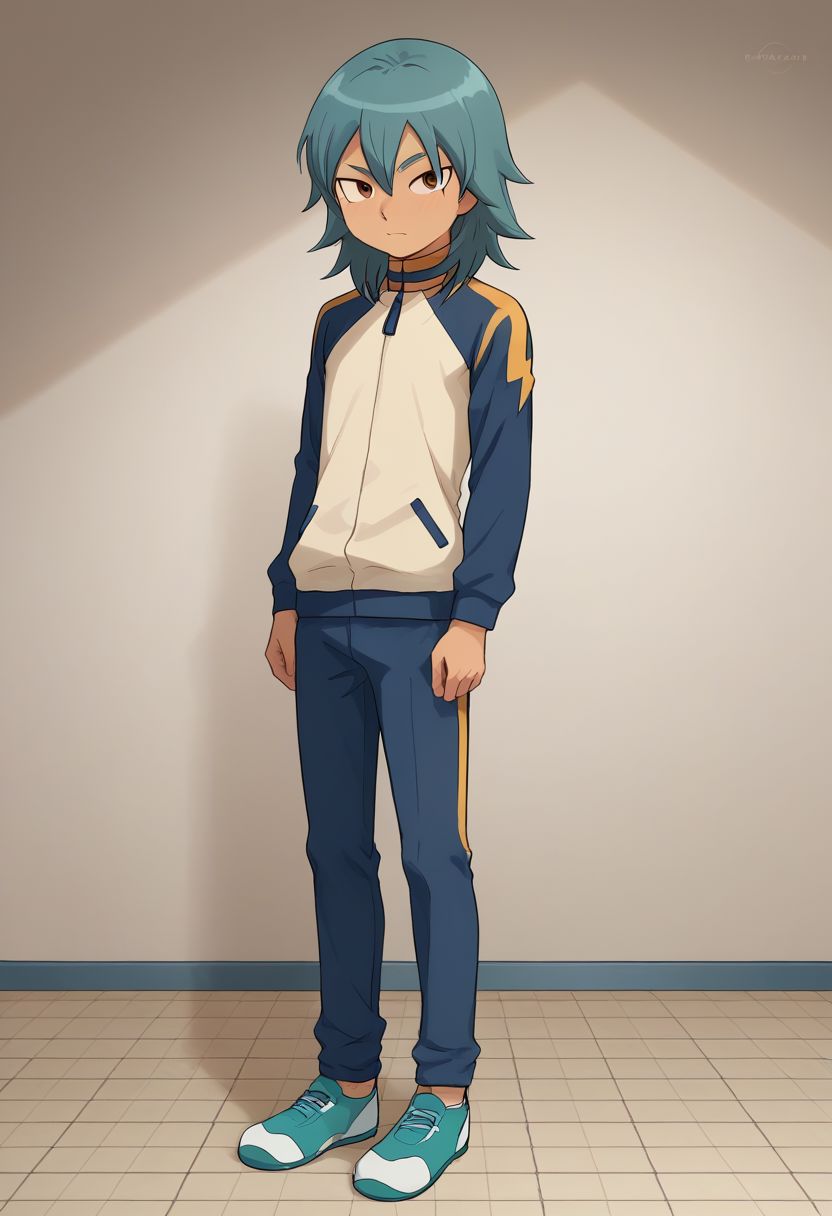 score_9, score_8_up, score_7_up, source_anime, highly detailed, 1boy, solo, male_focus, skinny, slender, cute, full body, body,
aitor_ina, male focus, 1boy,  solo, raimon, track jacket, open jacket, shirt, aqua hair,