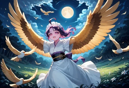 best resolution,score_9,score_8_up,score_7_up,score_6_up,score_8,score_7,score_6,best quality,masterpiece,source_anime,1girl,solo,kawaii,cute,winged_arms,A majestic harpy with dark feathers and glowing red eyes,wearing black japanese kimono,flying soaring through a stormy night sky.moonlight, starlight, firelight,wise,moonlit night sky,wind,cowboy shot,focus on face,dynamic shot, Expressiveh,eyesHD,high gradient eyes,detailed eyes,high definition eyes, <lora:Eyes_High_Definition:0.25> <lora:Expressive_H:0.75> <lora:winged_arm_style:0.85>