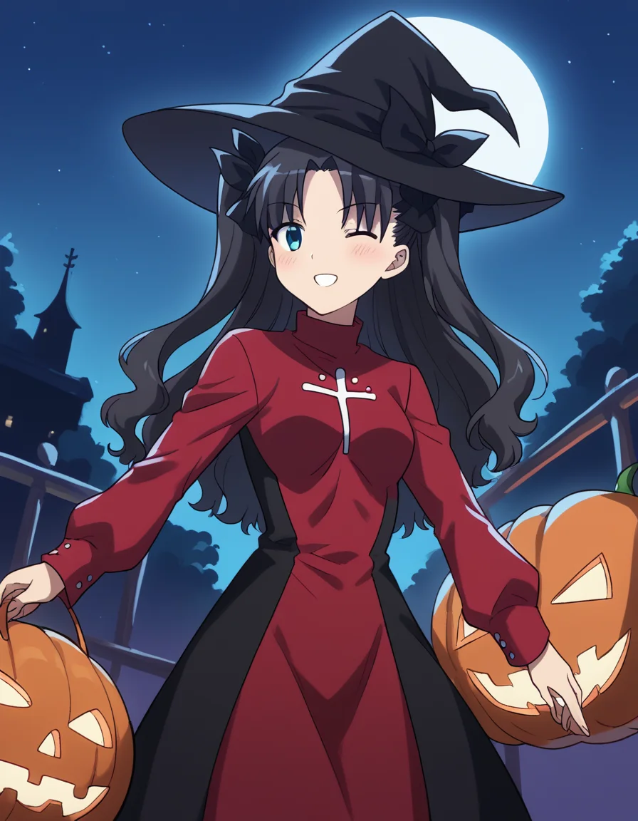 score_9, score_8_up, score_7_up, source_anime, <lora:carnivalphantasm-rin-tohsaka-ova-ponyxl-lora-nochekaiser:1>, rin tohsaka, aqua eyes, black hair, hair ribbon, long hair, ribbon, sidelocks, two side up, parted bangs, medium breasts,, <lora:witch-ponyxl-lora-nochekaiser:1>, witch, hat, witch hat, dress, halloween, halloween costume, jewelry,, night, moon, blush, smile, one eye closed,, , dutch angle, cowboy shot