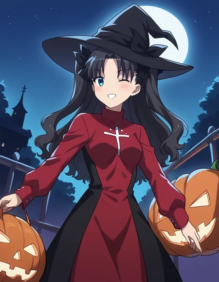 score_9, score_8_up, score_7_up, source_anime, <lora:carnivalphantasm-rin-tohsaka-ova-ponyxl-lora-nochekaiser:1>, rin tohsaka, aqua eyes, black hair, hair ribbon, long hair, ribbon, sidelocks, two side up, parted bangs, medium breasts,, <lora:witch-ponyxl-lora-nochekaiser:1>, witch, hat, witch hat, dress, halloween, halloween costume, jewelry,, night, moon, blush, smile, one eye closed,, , dutch angle, cowboy shot