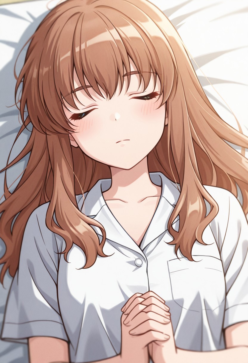 masterpiece, best quality, 32k, high resolution, absurdres, miyata yuuki, white shirt, lying, facing viewer, short sleeves, day, expressionless, blush, own hands clasped