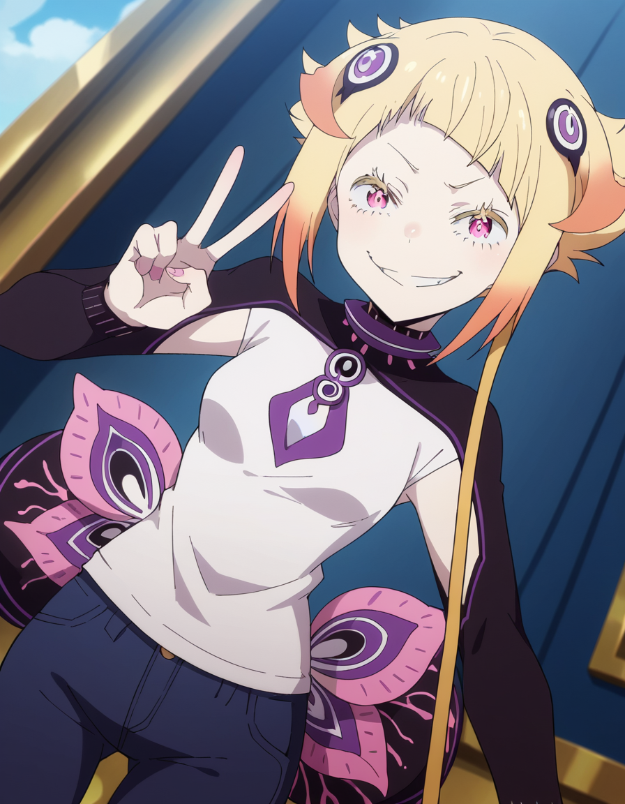 score_9, score_8_up, score_7_up, source_anime, <lora:capella-emerada-lugunica-s3-p1-ponyxl-lora-nochekaiser:1>, capella emerada lugunica, short hair, blonde hair, hair ornament, pink eyes, multicolored hair, gradient hair,, shirt, t-shirt, white shirt, pants, denim pants,, control tower, high, air traffic, windows, staff, smile, v, v over mouth, smug,, looking at viewer, solo,, dutch angle, cowboy shot