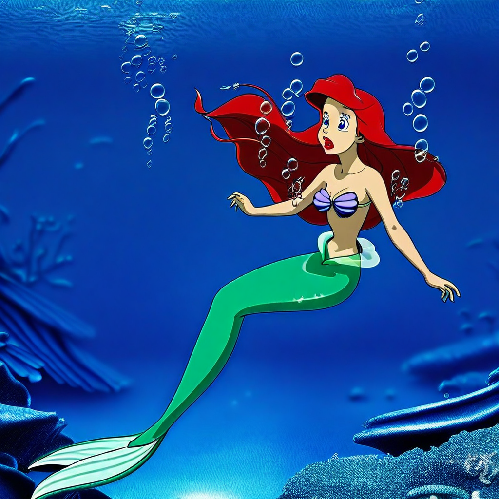 Arielillustrious,  3d anime style, special effect, underwater, shell bikini, mermaid tail, flowing hair, bubbles, action, depth of field, looking on side, lipstick, surprised,  mouth wide open, rocks, corals,  fishes