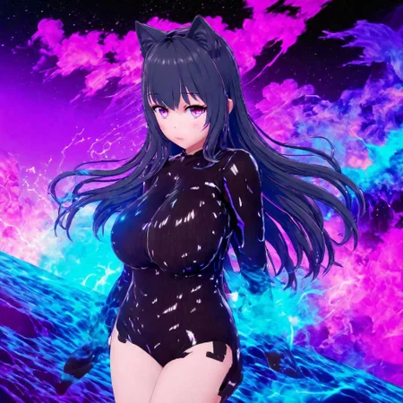 Vapor Wave, Futaba, Anime Art Style, High Quality, High Resolution, Sharp, High Resolution Eyes, Full Body, High-Definition Fantasy Background Cat Girl