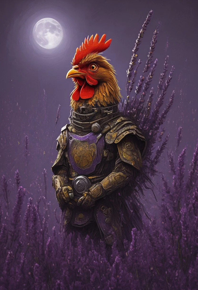 1chicken, yellow bill, red comb, cyber warrior japan, cybernetic samurai , (((katana)))), sitting on one knee, feathers, robot joints, wild, disheveled feathers, enormous expressive eyes, standing among purple lavender and yellow daisies, digital painting with textured brushstrokes, mechanical parts, full moon , city background, dark whimsical, detailed