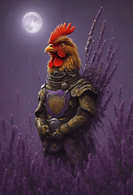 1chicken, yellow bill, red comb, cyber warrior japan, cybernetic samurai , (((katana)))), sitting on one knee, feathers, robot joints, wild, disheveled feathers, enormous expressive eyes, standing among purple lavender and yellow daisies, digital painting with textured brushstrokes, mechanical parts, full moon , city background, dark whimsical, detailed
