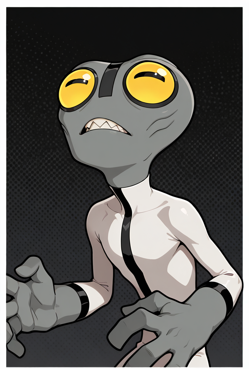 <lora:greymatter-09:1> greymatter, solo, 1boy, bodysuit, grey skin, , sharp teeth, big yellow eyes, big head, dynamic pose, small body, big hands,, masterpiece, best quality, amazing quality, very aesthetic, absurdres, newest,, upper body, halftone effect, white borders, abstract background:1.2,