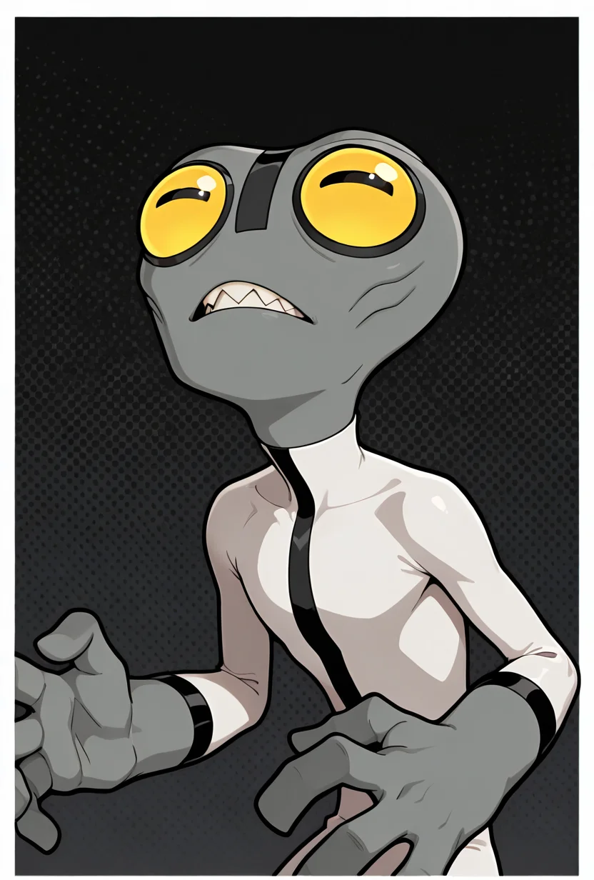 <lora:greymatter-09:1> greymatter, solo, 1boy, bodysuit, grey skin, , sharp teeth, big yellow eyes, big head, dynamic pose, small body, big hands,, masterpiece, best quality, amazing quality, very aesthetic, absurdres, newest,, upper body, halftone effect, white borders, abstract background:1.2,