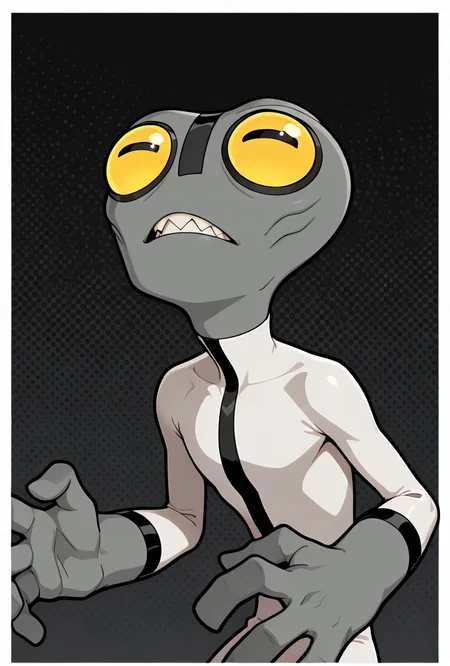 <lora:greymatter-09:1> greymatter, solo, 1boy, bodysuit, grey skin, , sharp teeth, big yellow eyes, big head, dynamic pose, small body, big hands,, masterpiece, best quality, amazing quality, very aesthetic, absurdres, newest,, upper body, halftone effect, white borders, abstract background:1.2,