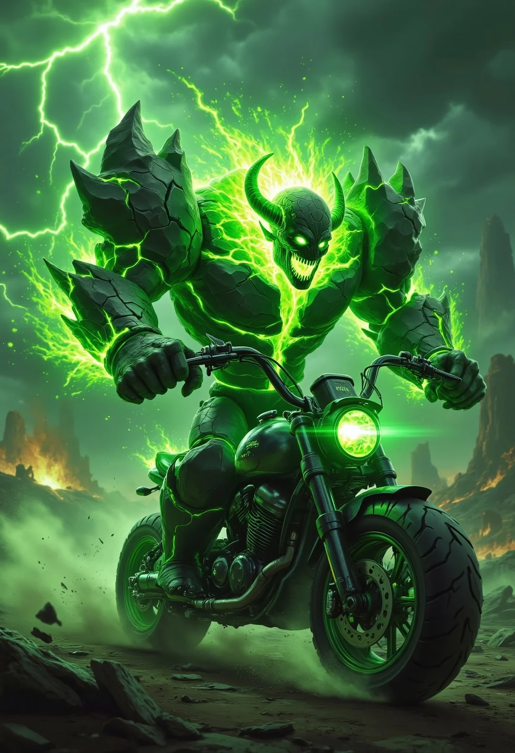 Create a photorealistic, epic scene of a massive Infernal from Warcraft riding a rugged, heavily modified motorcycle. The Infernal's body is made of jagged, molten rock with glowing green cracks of fel energy running through it, its eyes and mouth blazing with intense green fire. Flames of vibrant green fel energy erupt from its shoulders and trail behind it as it speeds through a dark, apocalyptic wasteland. The motorcycle is sleek and menacing, with glowing green accents and fel runes etched into its frame, matching the Infernal's fiery aura. The background is a stormy, fiery landscape with cracked earth, molten lava, and green lightning streaking across the sky. Dust and debris kick up behind the bike, adding to the sense of speed and power. The scene is dark, dramatic, and overwhelmingly epic, capturing the Infernal's raw, destructive energy in motion