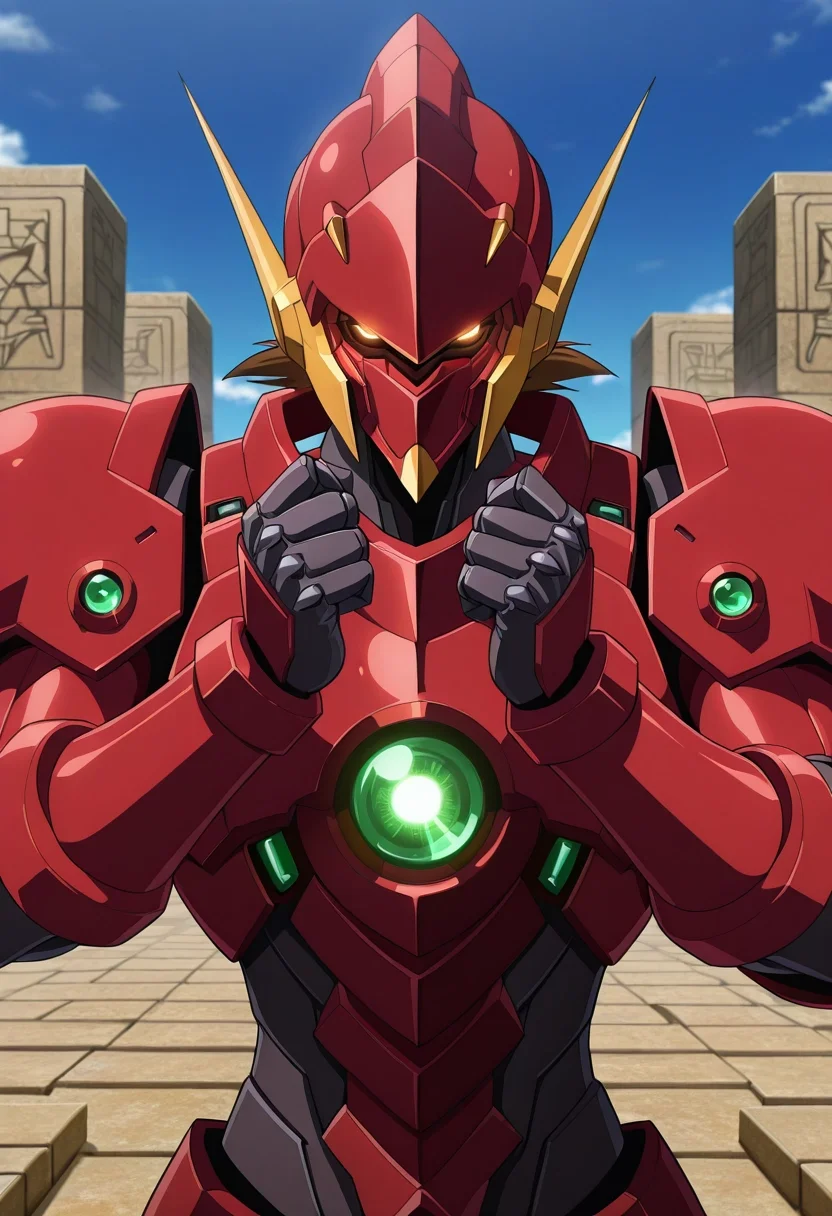 masterpiece, best quality, , anime screencap, anime coloring, official style, looking at viewer, 1boy, solo, male focus, <lora:issei_hyoudou_ilxl:0.92>, issei_hyoudou, brown hair, brown eyes, hair between eyes, short hair, armor, full armor, robot, mecha, glowing eyes, no humans, construction of the pyramids, towering stone blocks, laborers, chisels in hand, working pose, concentrated expression, midday heat,