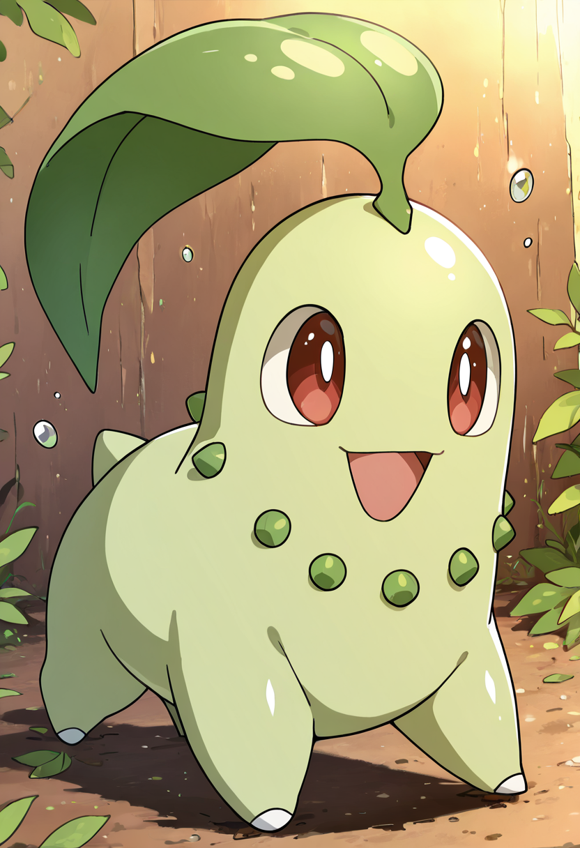 masterpiece, best quality, no humans, solo,    zzChikorita, gracefully spinning on one foot beneath a gentle drizzle, droplets sliding down its leaf like polished glass.     ,<lora:ChikoritaPokedex_IXL:1.0>,