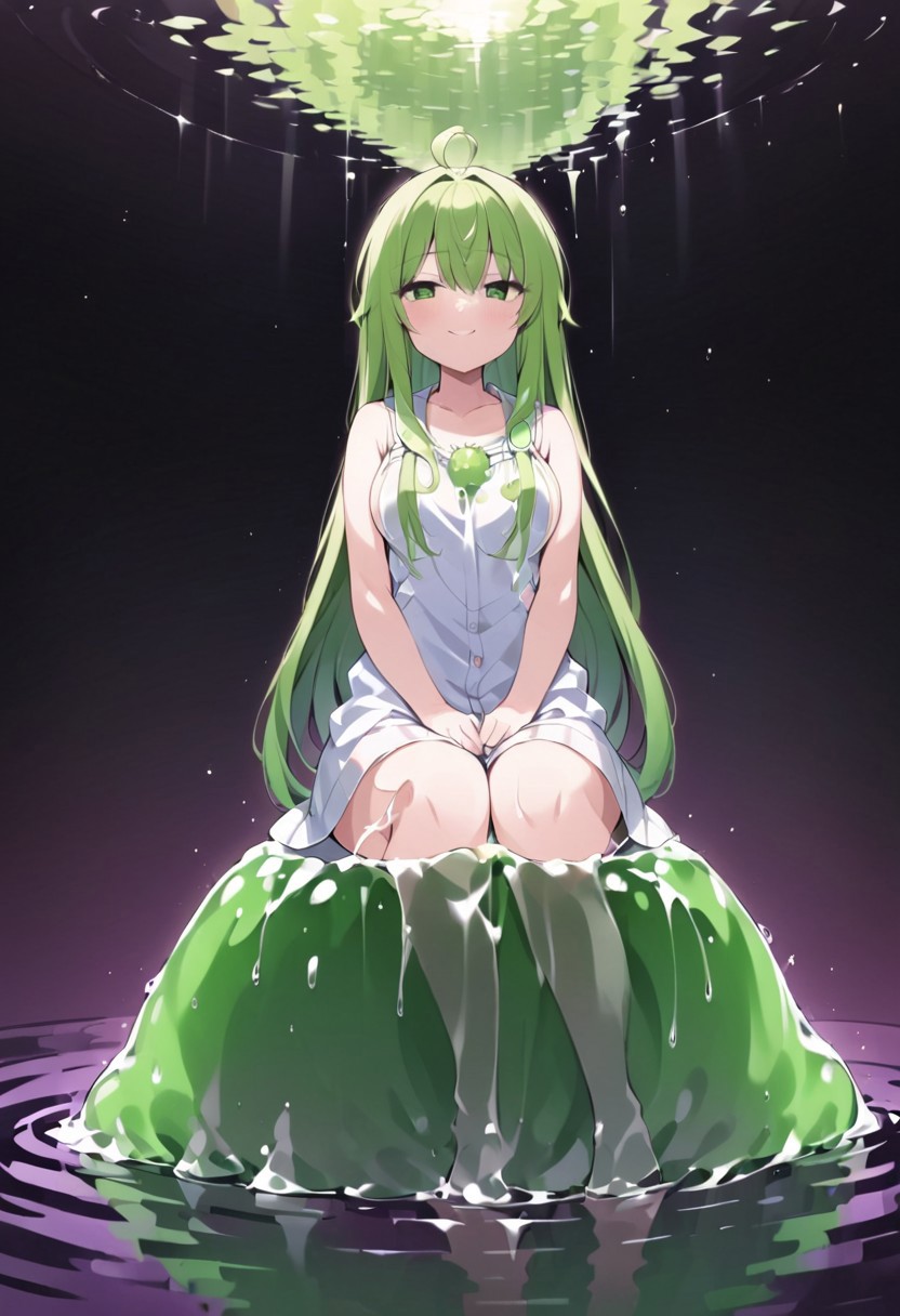 (masterpiece), (score_9, score_8_up, score_7_up,source_anime), 4K8K, best quality, high res image, illustration, Uncorrected, CG, 
(girl view from below. look-up angle:1.3), from side, 
1 woman sitting on a giant white grape slime, pretty white slime, (lot of white grape cubes around woman), (hair over breasts, long hair, hair censor:1.4), twinkle grape cube, 
slime, slime like a white grape, white grape slime, see-through slime, 
BREAK
medium breasts, 
(gradient hair, green hair, very long hair, Bangs covered eyes, ahoge, hair over breasts, hair censor), 
(hair blind eyes, half opened eyes, jitome, smile), 
wearing hooded robe, linen dress, culottes, denim short culottes, 
in orchard, fruit orchard, fruits trees,