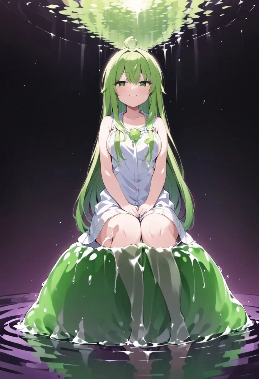 (masterpiece), (score_9, score_8_up, score_7_up,source_anime), 4K8K, best quality, high res image, illustration, Uncorrected, CG,
(girl view from below. look-up angle:1.3), from side,
1 woman sitting on a giant white grape slime, pretty white slime, (lot of white grape cubes around woman), (hair over breasts, long hair, hair censor:1.4), twinkle grape cube,
slime, slime like a white grape, white grape slime, see-through slime,
BREAK
medium breasts,
(gradient hair, green hair, very long hair, Bangs covered eyes, ahoge, hair over breasts, hair censor),
(hair blind eyes, half opened eyes, jitome, smile),
wearing hooded robe, linen dress, culottes, denim short culottes,
in orchard, fruit orchard, fruits trees,