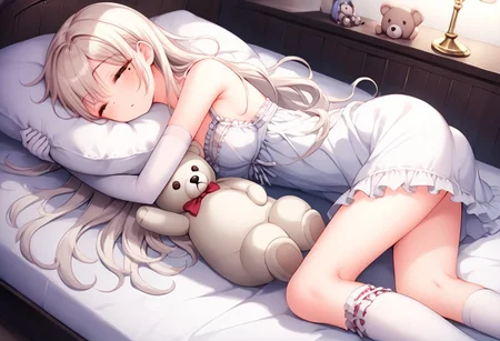 Ultra HD, source anime, game CG, masterpiece, best quality, girl sleeping,long hair + sidetail,silk Thigh high sock, elbow gloves, elegant white laced negligee, smooth pale skin, medium breast,mole near eyes,brown eyes,dimple of venus,hugging stuffed bear,head on pillow, girly room background