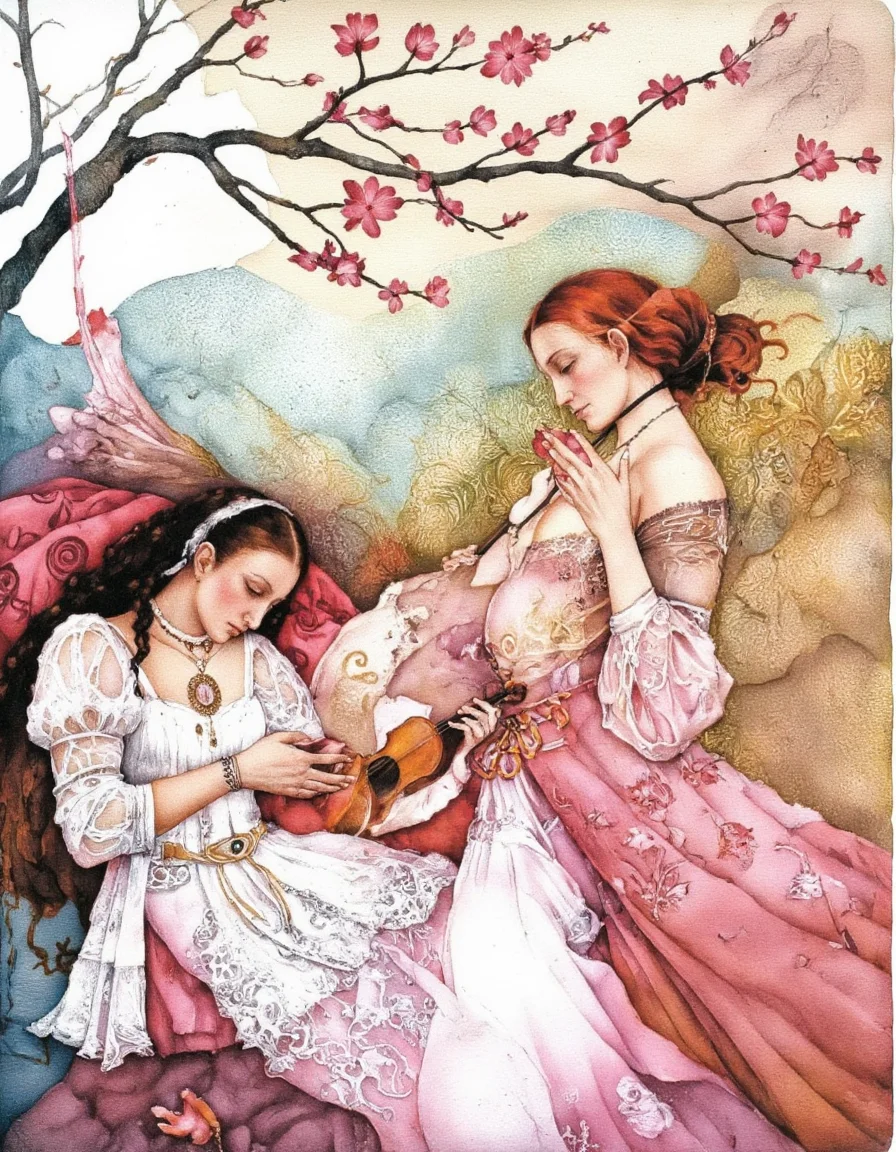 Art by Marina Richterova. A watercolor and mixed media painting of a mystical scene featuring a woman playing a violin and a woman with long, flowing red hair, both depicted in a dreamy, ethereal atmosphere. on the left side of the image, the woman is seated in a serene pose, wearing a white dress with intricate patterns and jewelry, and her long, dark hair cascades down her back. she has a peaceful expression on her face and is holding a small pink flower in her hands. her eyes are closed, and she appears to be in a state of serenity. the woman on the right side is standing with her head turned to the side, holding a violin in her right hand. the background is a soft, pastel-colored gradient with hints of pink and blue, and a branch with pink flowers is visible in the top left corner, adding a touch of whimsy to the scene.