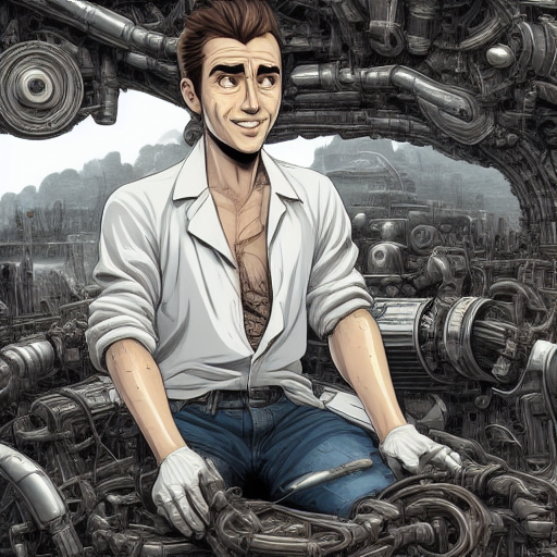 mechanical background, mechanic, fixing, shirt, clevage, dirty, facing viewer, tired, sweating, grin, perfect quality, HD, 4k, masterpiece,