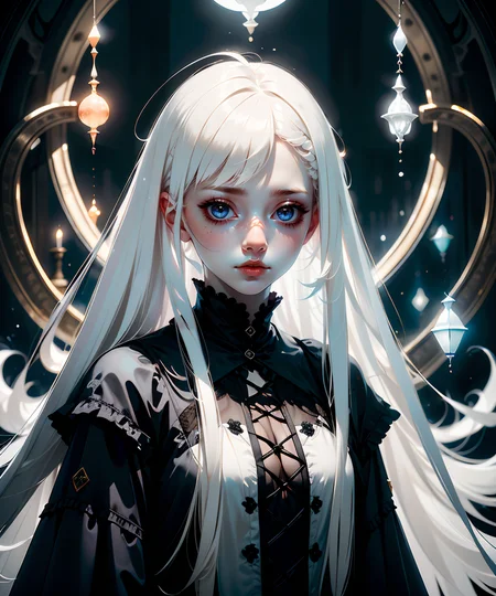 1woman, (white straight hair:1.3), ((Gloomcore)), dark magical atmosphere, glowing, <lora:GoodHands-vanilla:1>, <lora:AnzhcDreamwave v3_1 watermark fix:0.8>