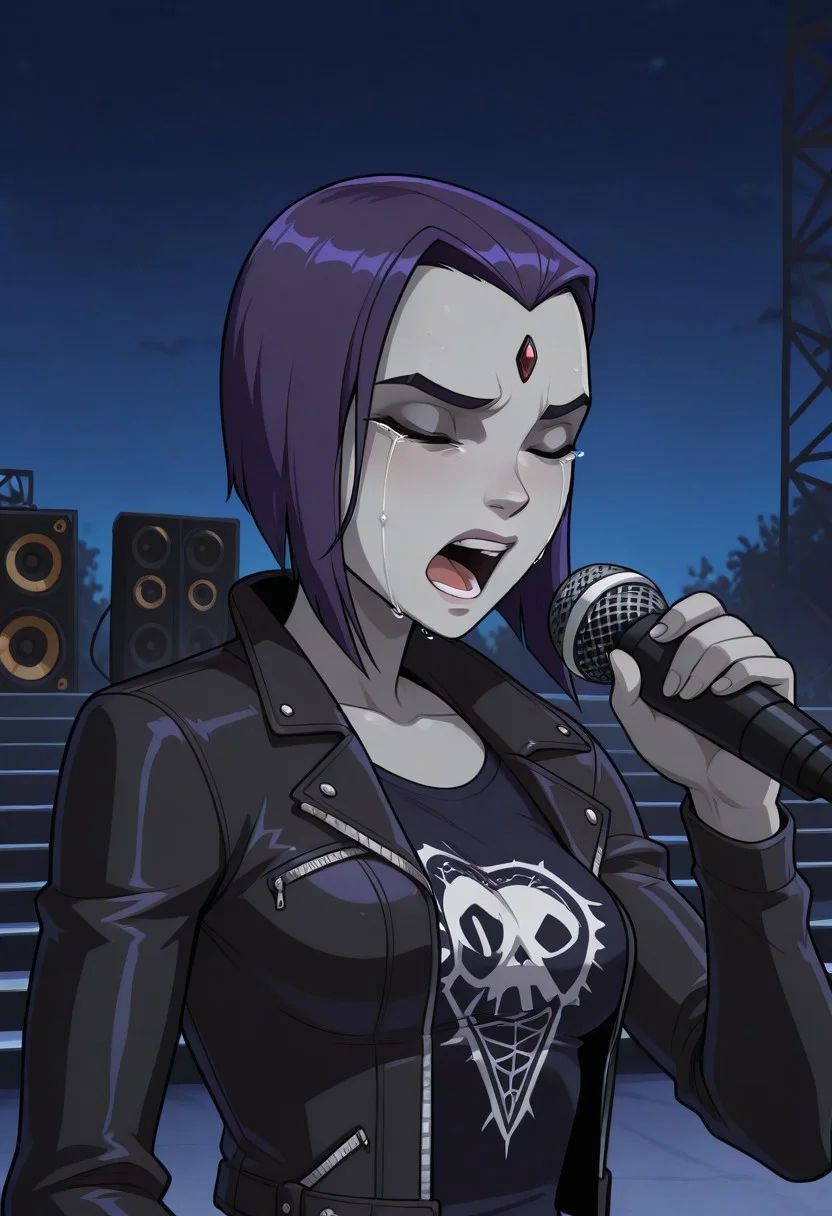 masterpiece, best quality, 2d, mrporty, absurdres,
BREAK,
1girl, solo, raventt, grey skin, forehead jewel, purple hair, short hair, purple eyes, medium breasts, mature female, 20 year old, rocker jacket, punk shirt, eyes closed, holding microphone, singing, into microphone, emotional, crying, upper body shot, BREAK,
front view, detailed background, night, outdoors, music stage, audio speakers, ,BREAK score_9, score_8_up, score_7_up, highly detailed, highly detailed skin texture, finely detailed hair,