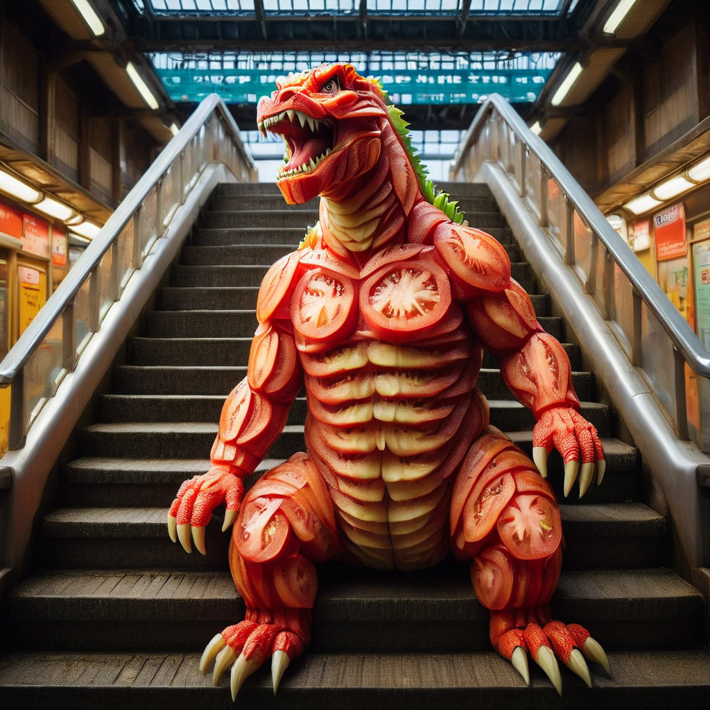 masterpiece, best quality,godzilla made out of tmts<lora:tmts:1>  on stair of japanese train station, (high detailed skin:), 8k uhd, dslr, soft lighting, high quality, film grain, Fujifilm XT3