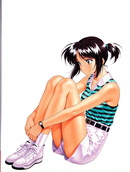 masterpiece,best quality,newest,
1girl,solo,
<lora:morii_kaho_ilxl_v1.0:1>,kaho,black hair,brown eyes,
<lora:Fixhands_anime_bdsqlsz_V1:1>,full body,
sleeveless,striped,watch,shirt tucked in,belt,striped shirt,sneakers,white shorts,shoes,white footwear,
from_side,1990s \(style\),retro artstyle,hugging own legs,white_background,simple_background,looking ahead,