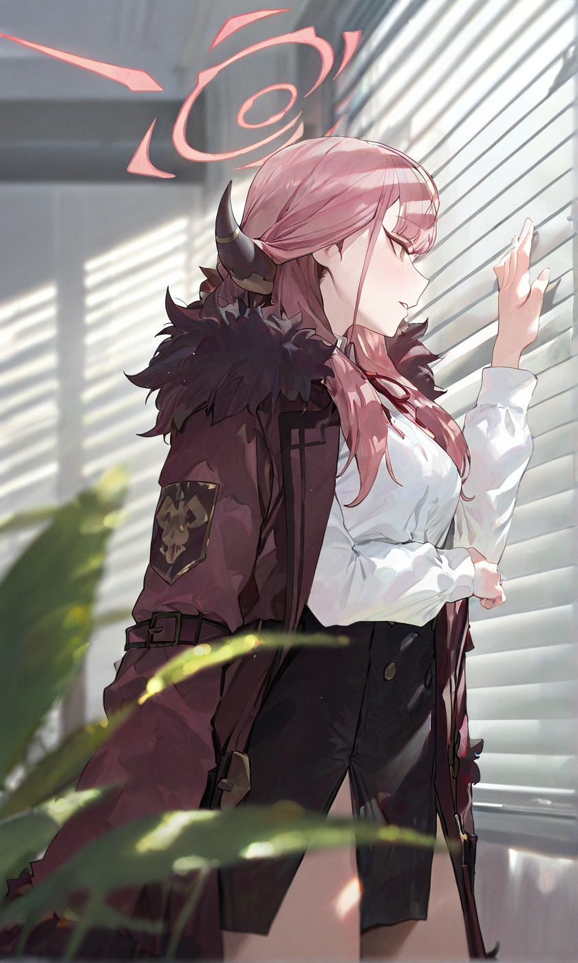 modare, blue archive, aru \(blue archive\), 1girl, black skirt, breasts, coat, coat on shoulders, cowboy shot, fur-trimmed coat, fur trim, halo, hand up, horns, indoors, long hair, long sleeves, looking away, neck ribbon, parted lips, pink hair, plant, profile, red coat, red ribbon, ribbon, shirt, skirt, solo, standing, white shirt, window, window blinds, yellow eyes <lora:Artist_style_Modare__Mogoon_ã¢èª°_-_Illustrious-XL:0.7>